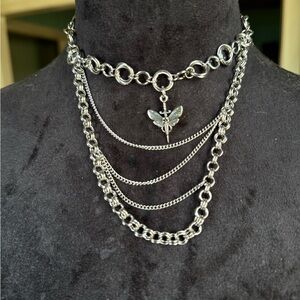 Silver Layered Chain Necklace with moth Pendant chainmaille Chainmail choker